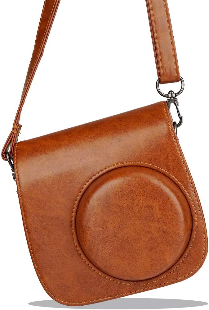 Blummy PU Leather Camera Case compatible with Fujifilm Instax Mini 11/ Mini 9/ Mini 8 Instant Camera with Adjustable Strap and Pocket (Brown)