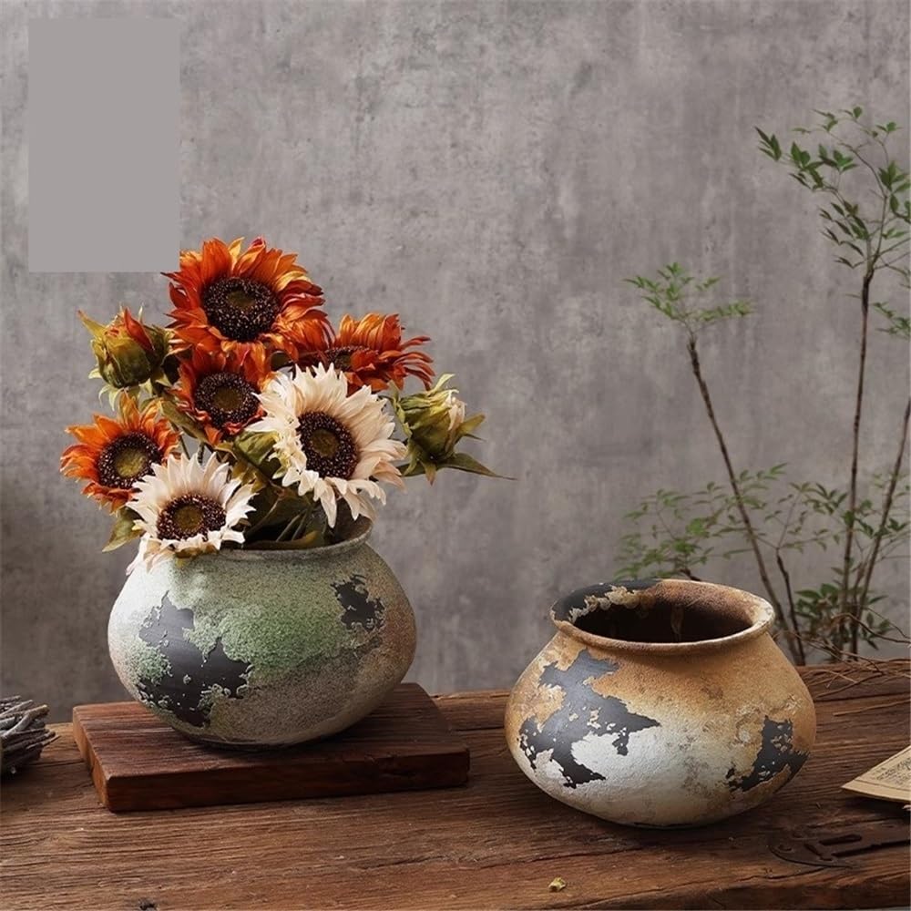 Doniczka Retro gruba gliniana wazony na kwiaty ​​Jingdezhen chiński styl doniczki duży kaliber antyczne doniczki sadzarka (Brown)