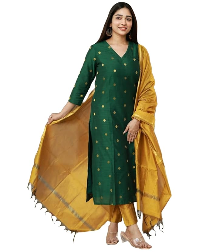 GoSriKi Womens 3 Piece Kurta Pant Dupatta Set | Silk Cotton Kurta Sets for Woman | Kurti Set for Woman | Elegant Suit Set for Women Cotton | Women Kurta Sets with Dupatta Cotton