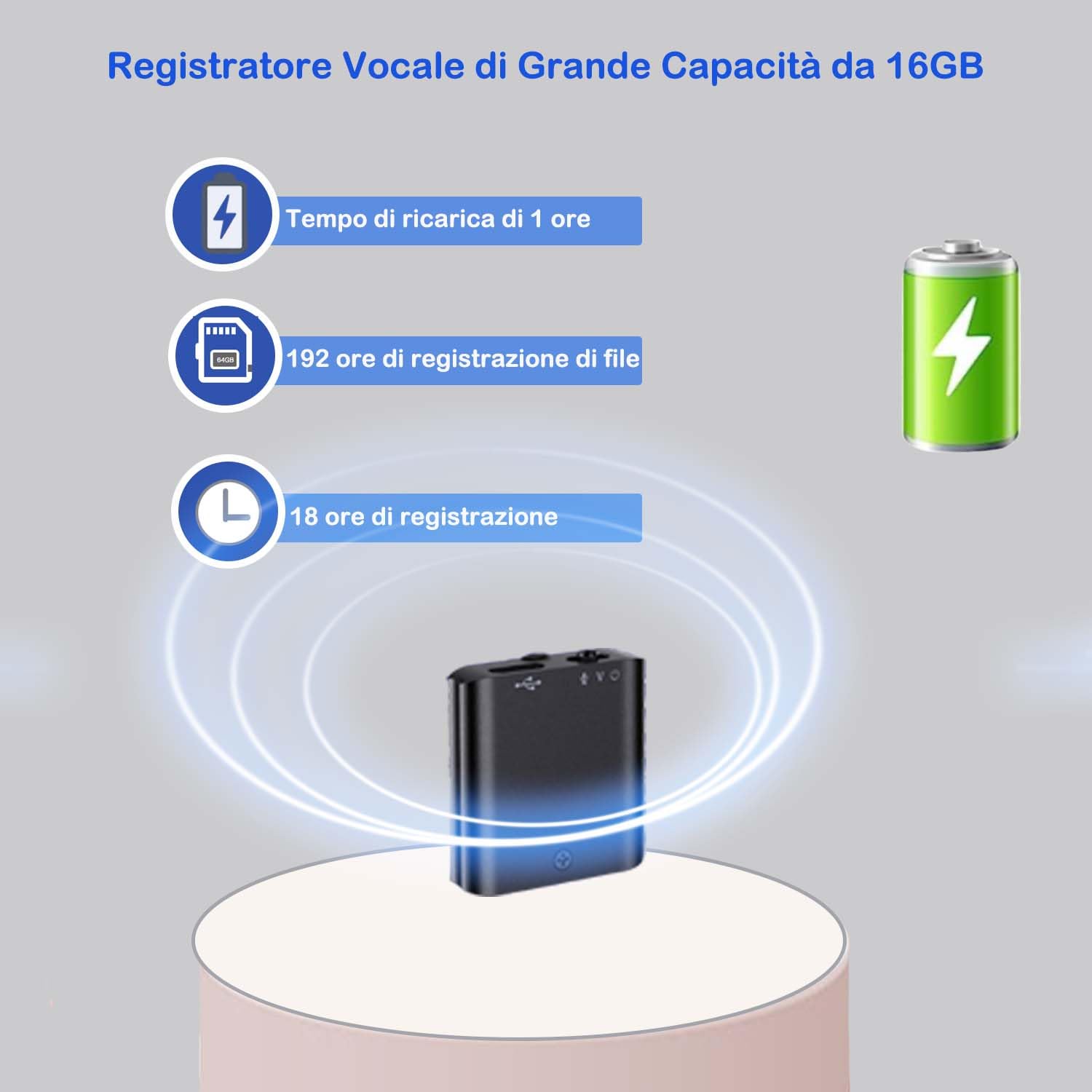 Registratore Vocale, 16GB Mini Registratore Vocale con Magnete Attivazione Vocale, Registratore Vocale Ricaricabile USB per Riunioni Interviste Lezioni