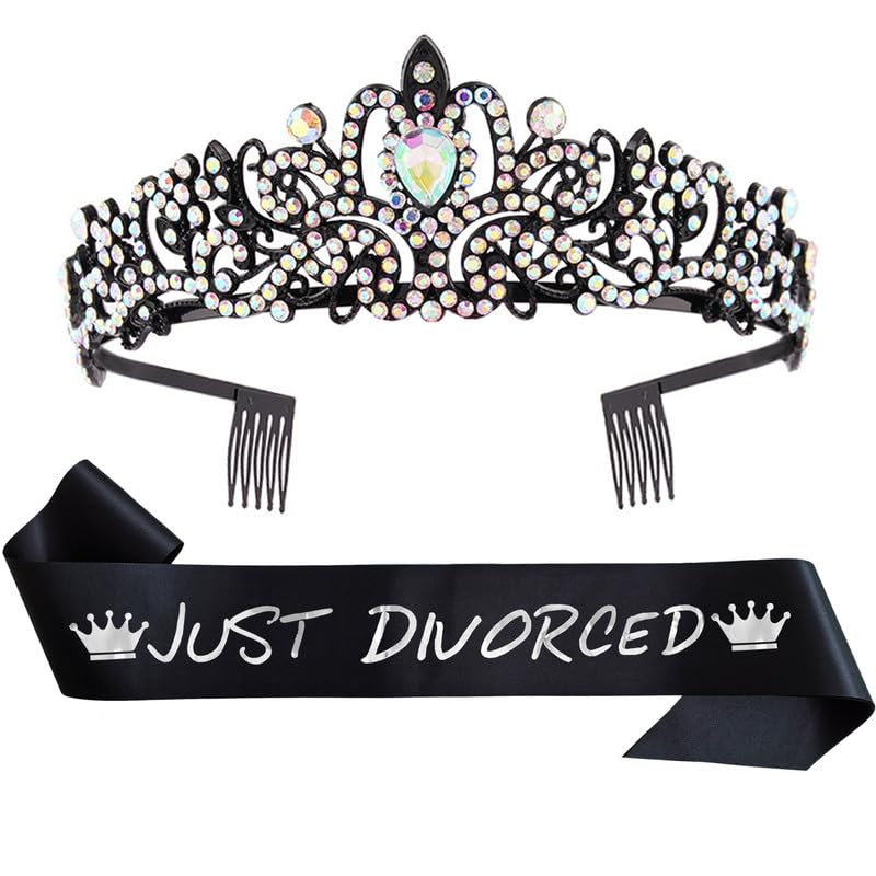 Just Divorced Sash Crystal Crown Set Black Funny Divorcee Divorced Gifts for Women Happy Divorce Party Decorations