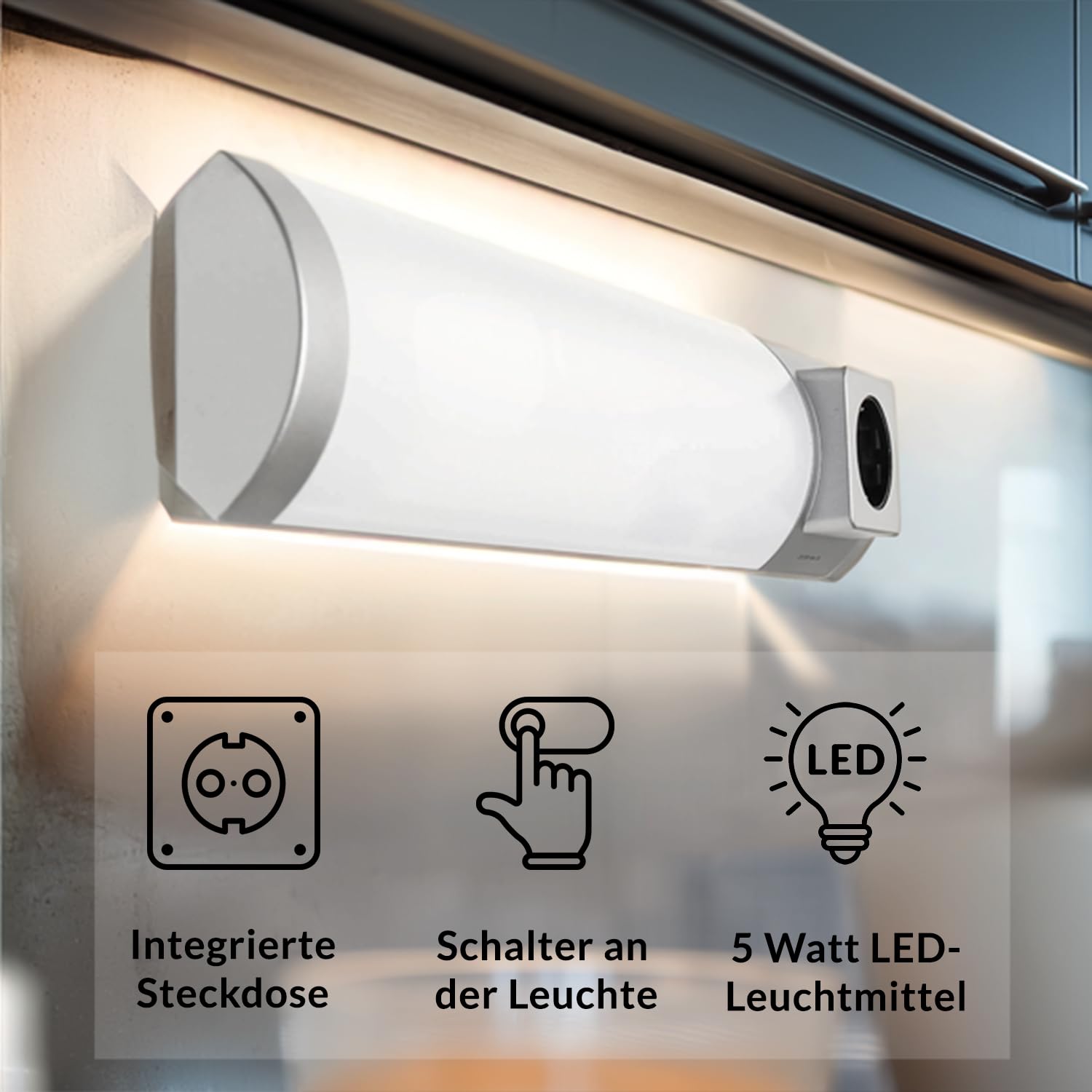 Unterbauleuchte Küche led, Warmweiß 3000 K, 45 cm, Wandleuchte mit Schalter für Küche und Badezimmer, Spiegelleuchte mit Steckdose und Schalter, Badezimmerlampe mit Schalter, Blendarme LED Beleuchtung