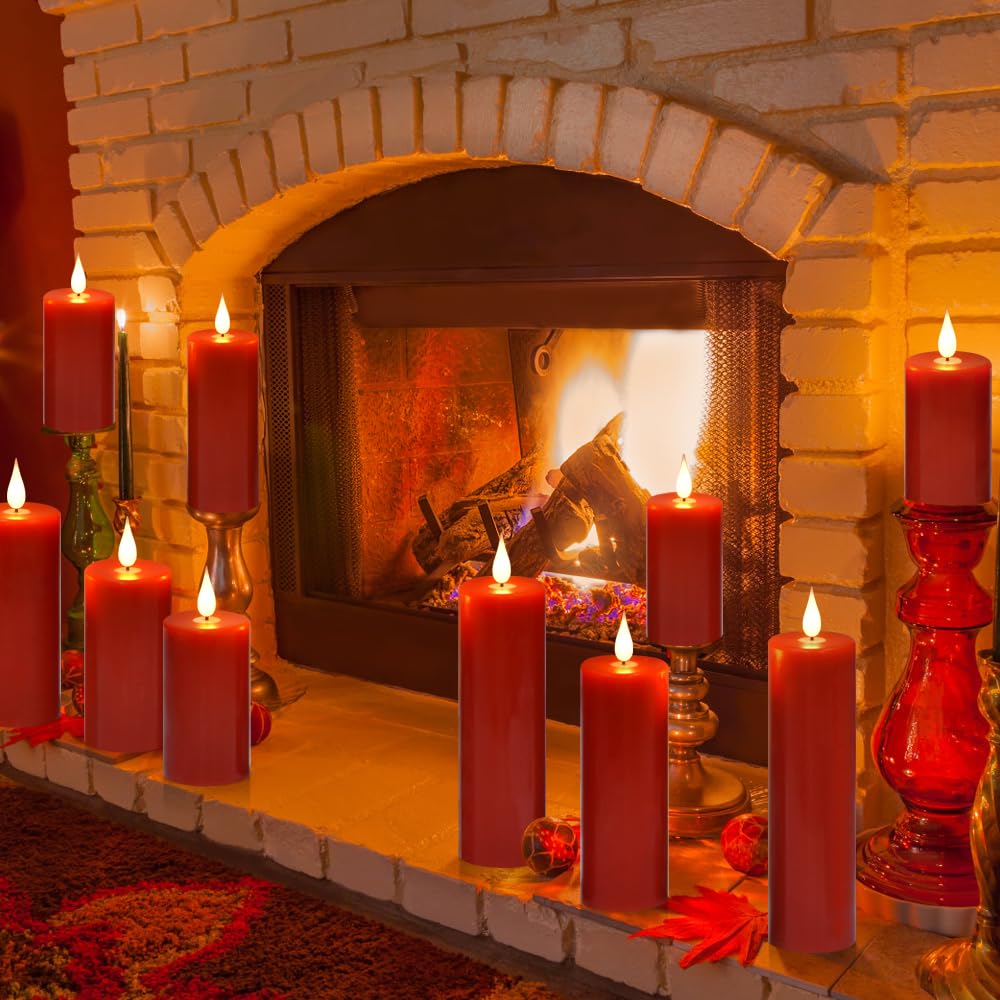 Volnyus Set Of 2 Red Flameless LED Candles - 5 Inch Flat Top, Remote Control & Timer, Real Wax, Battery Operated