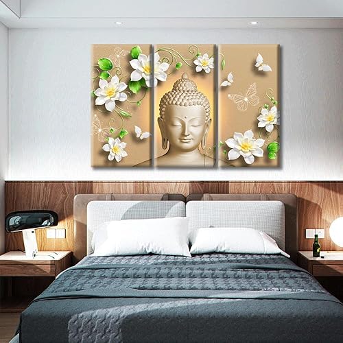 Vista 235 de TUMOVO Wall Art for Living Room Buddha Sculpture Flower Paintings Canvas Wall Art 3 Panel Wall Art Canvas Artwork Wall Decor Large Wall Decor Canvas