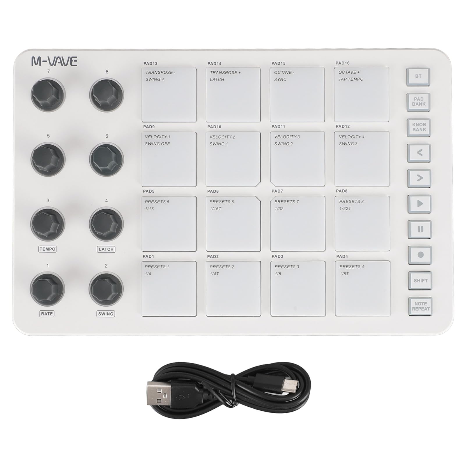 Bewinner Tragbarer Bluetooth-MIDI-Controller, 16 RGB-beleuchtete Drum-Pads mit 8 Zuweisbaren Knöpfen, Notenwiederholung, Geringe Latenz, Kabelloser MIDI-Pad-Controller für Live FL Studio Logic Pro X