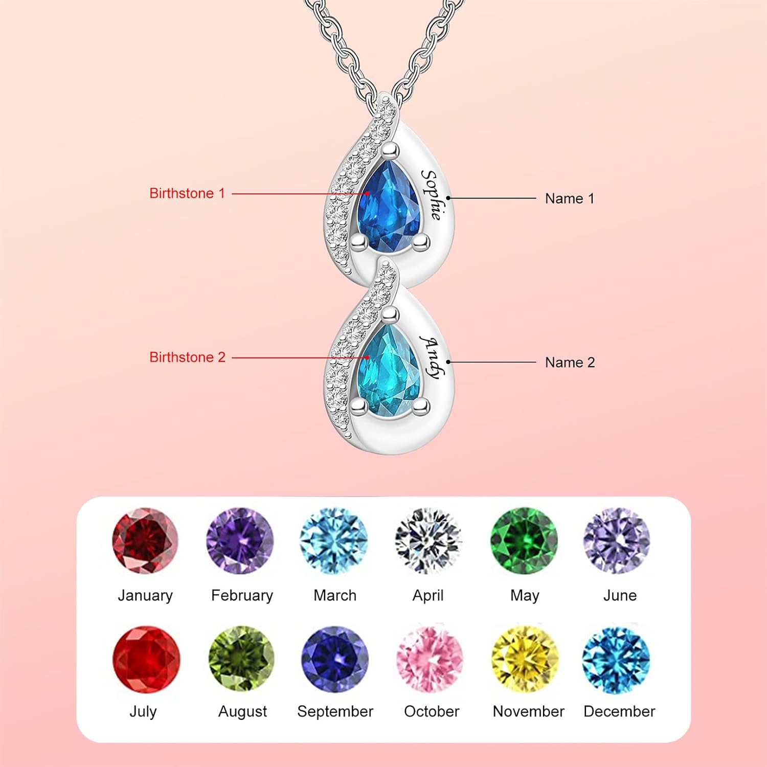 LucySky Custom Necklace with 1-5 Birthstone Birthstone Necklace for Women Water Drop Shape Customized Necklace for Christmas Anniversary Mother's Day Birthday Gift