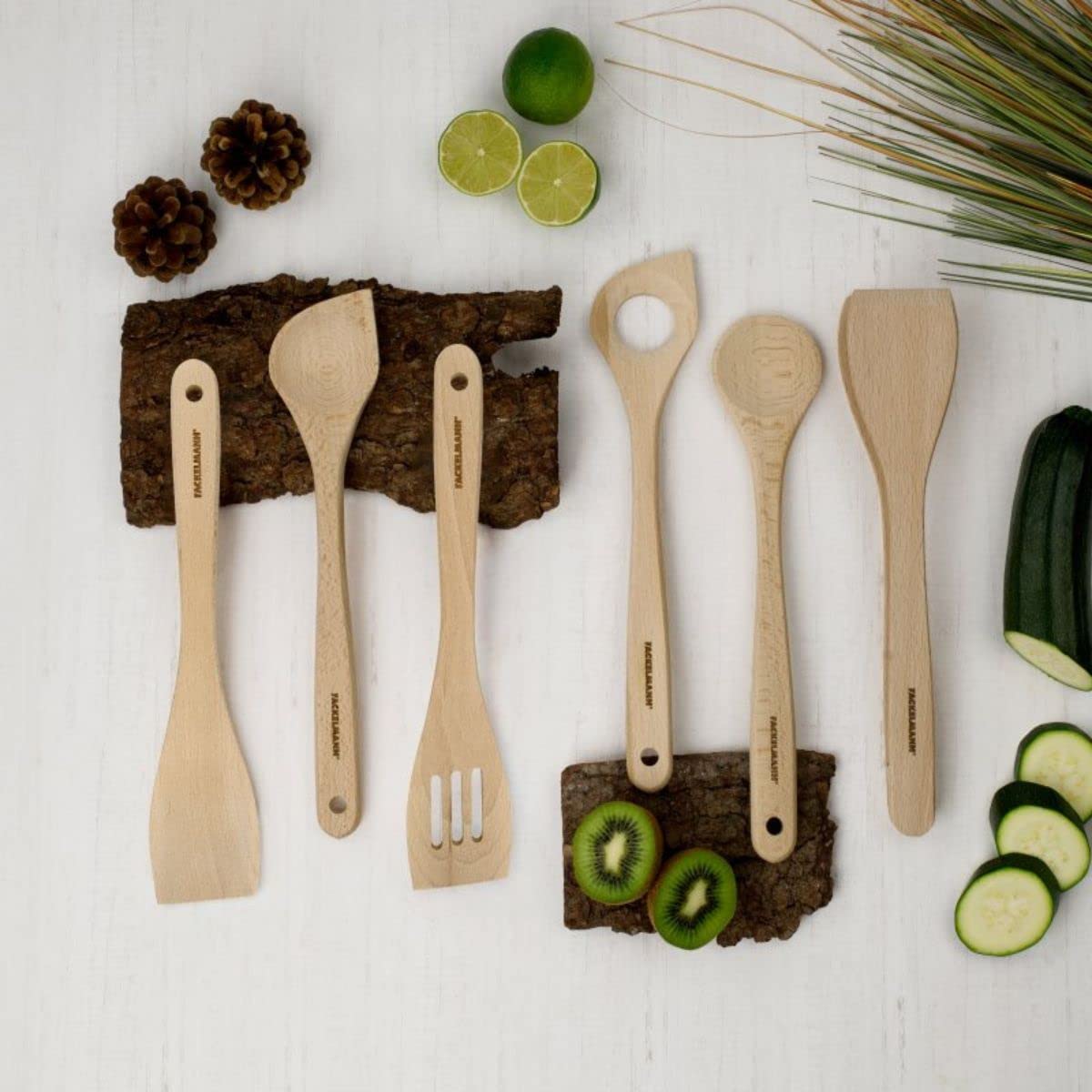 Fackelmann 9990050 Küchenutensilien-Set, 5-teilig, Küchenzange, Risottolöffel, Reislöffel, Spachtel, Löffel, FSC-Holz, ca. 30 cm