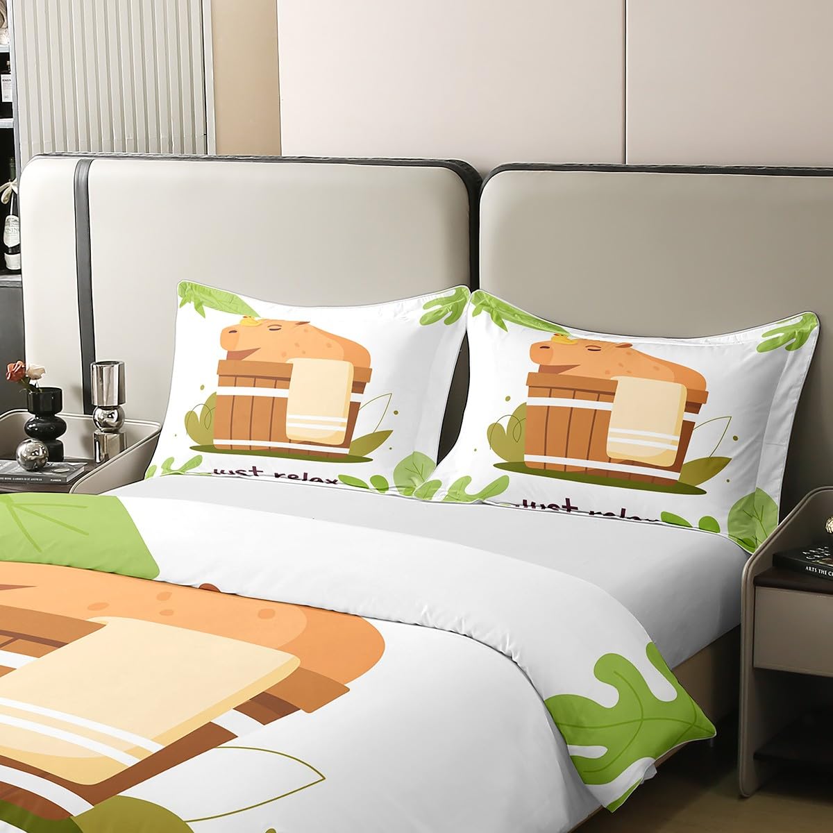 100% Washed Cotton Funny Capybara Duvet Cover,Capybara Sitting In A Spa Bucket Bedding Set Single,Cartoon Style Rodent Animal Comforter Cover,Botanical Green Leaves Quilt Cover with Zipper - Image 4