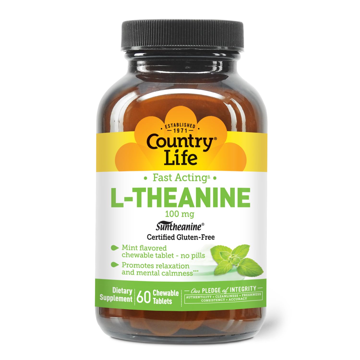 Country Life Fast Acting L-Theanine 100 mg, Mint Chewables, 60 Tablets