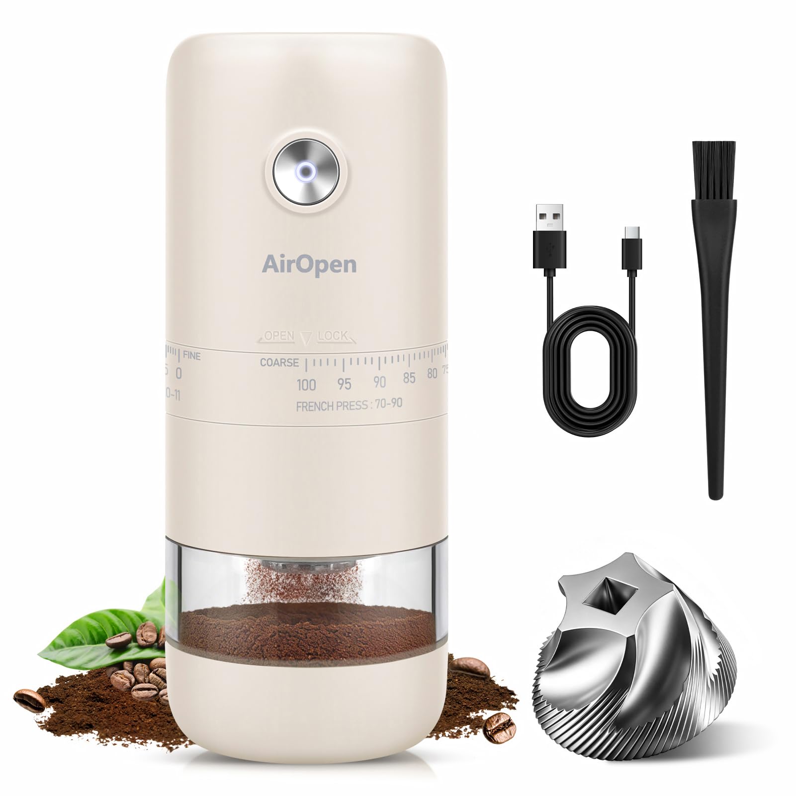 Moulin à café électrique portable, meules coniques en acier inoxydable, 100 réglages externes Espresso – Cold Brew, batterie rechargeable USB-C, capacité 30 g, pour maison, bureau et voyages