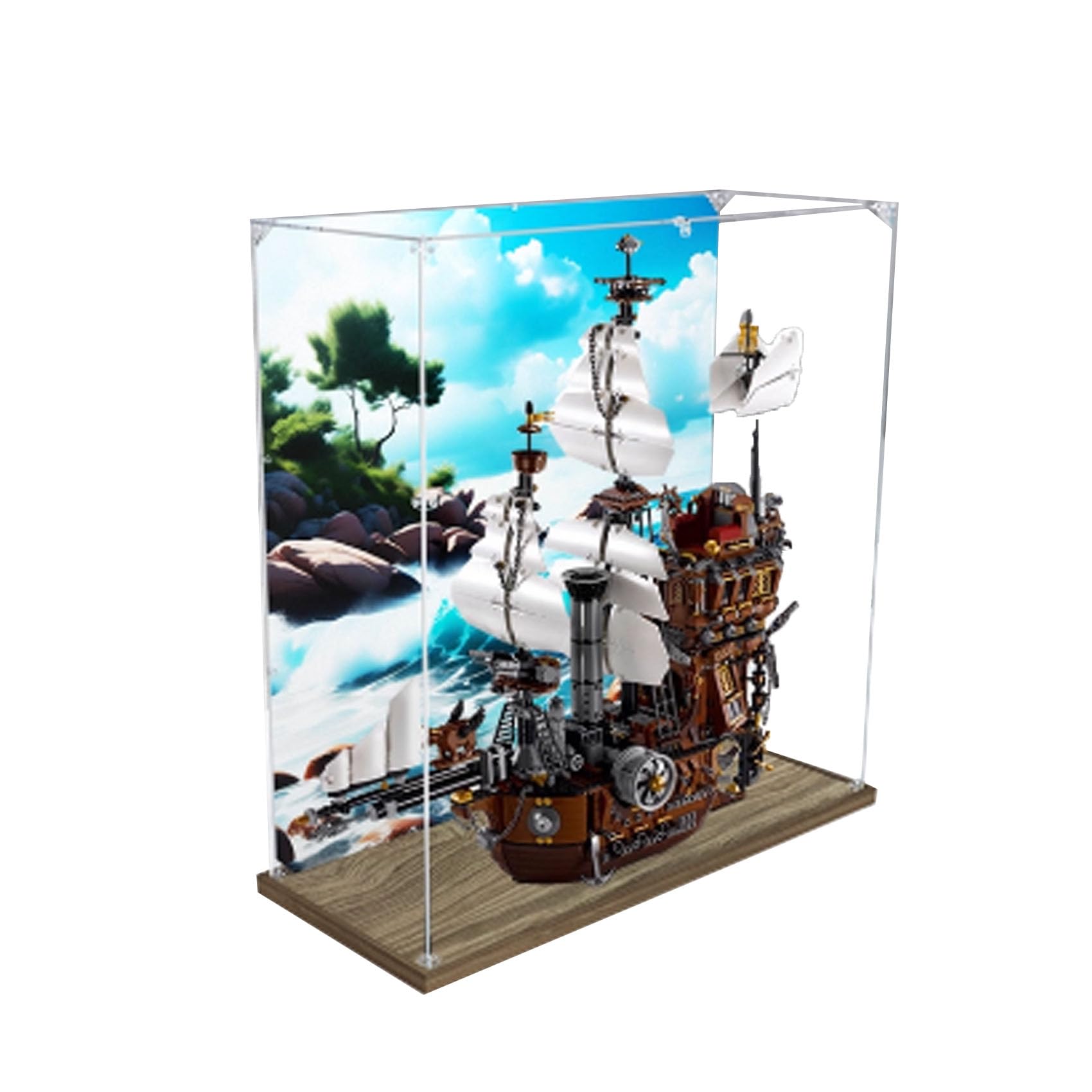 Acrylic Display Case Box Compatible with Le-go 70810 Ship Model, Dustproof Box, Transparent Box, Display Box (Display Case Only) (Woodenbase+backspray 3mm)
