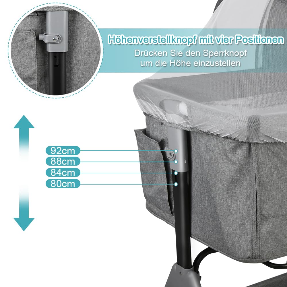 Lit Bébé Cododo - Berceau Cododo Bébé avec Matelas, Mode Bascule pour Bercer Bébé, Côté Repliable, Hauteur Réglable, Fenêtres en Filet,4 Niveaux(80-94cm (80 -84- 88- 94)),104*52*100-110 cm - gris lin