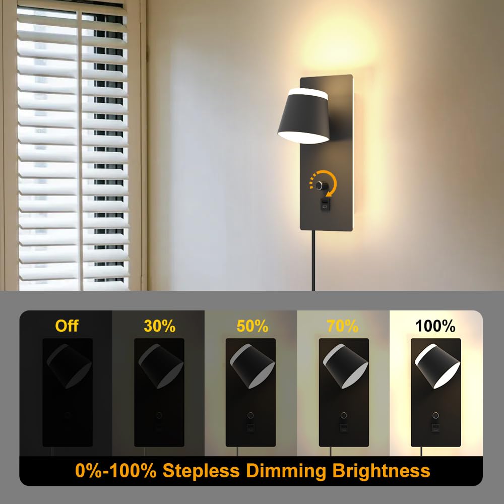 Sytmhoe Lampa ścienna do sypialni z przełącznikiem, wtyczką USB typu C, funkcja ładowania, 25 W, 2000 lm, ściemniana, nocna 3000 K, 6000 K, 4500 K, nowoczesna czarna lampa ścienna do wnętrz z kablem