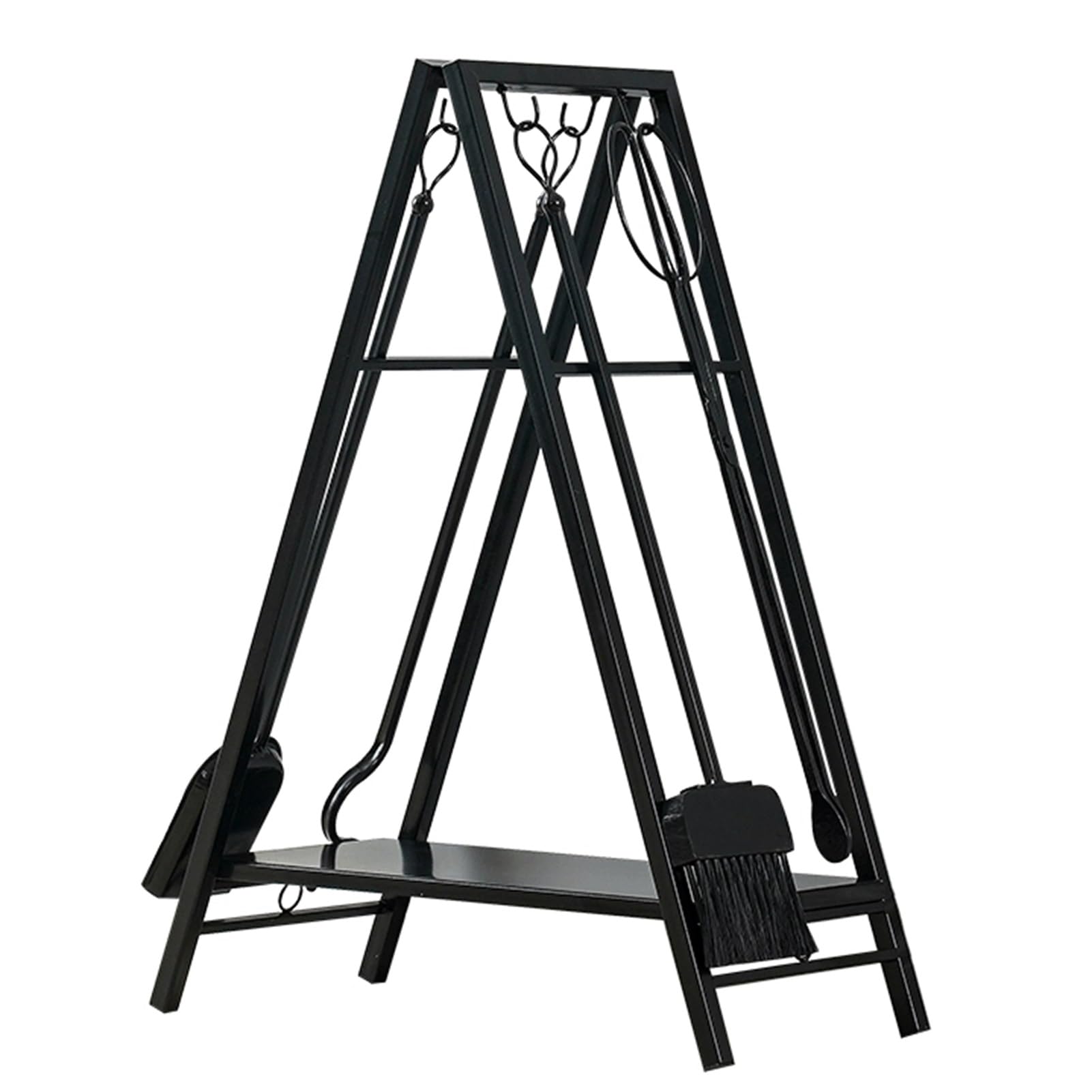 Trójkątny stojak na drewno opałowe, metalowy uchwyt z narzędziami kominkowymi, przechowywanie drewna do użytku wewnątrz i na zewnątrz, 50 × 25 × 67 cm – czarny