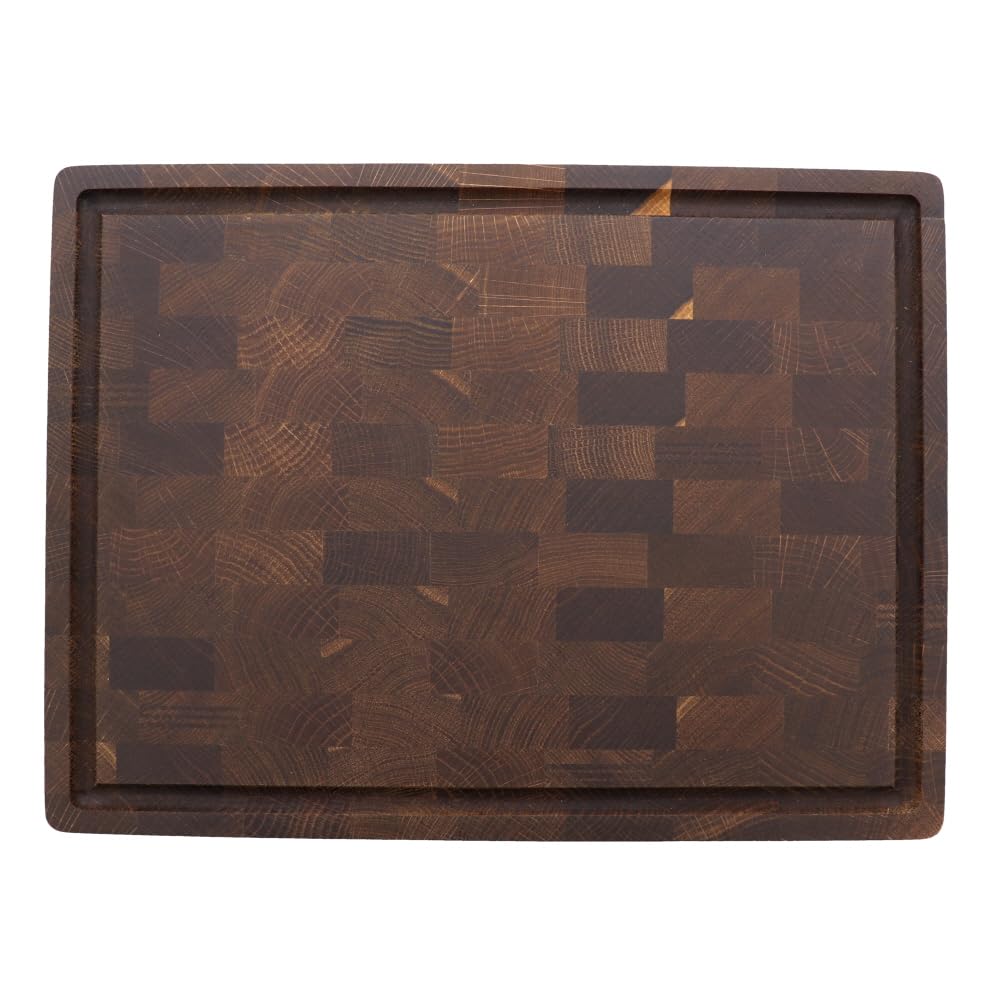 HOFMEISTER® Tranchierbrett aus Eiche geräuchert 40x30 cm – massives Stirnholz Schneidebrett mit Saftrille & Griffmulden – Robustes Holzbrett zum Schneiden & Servieren