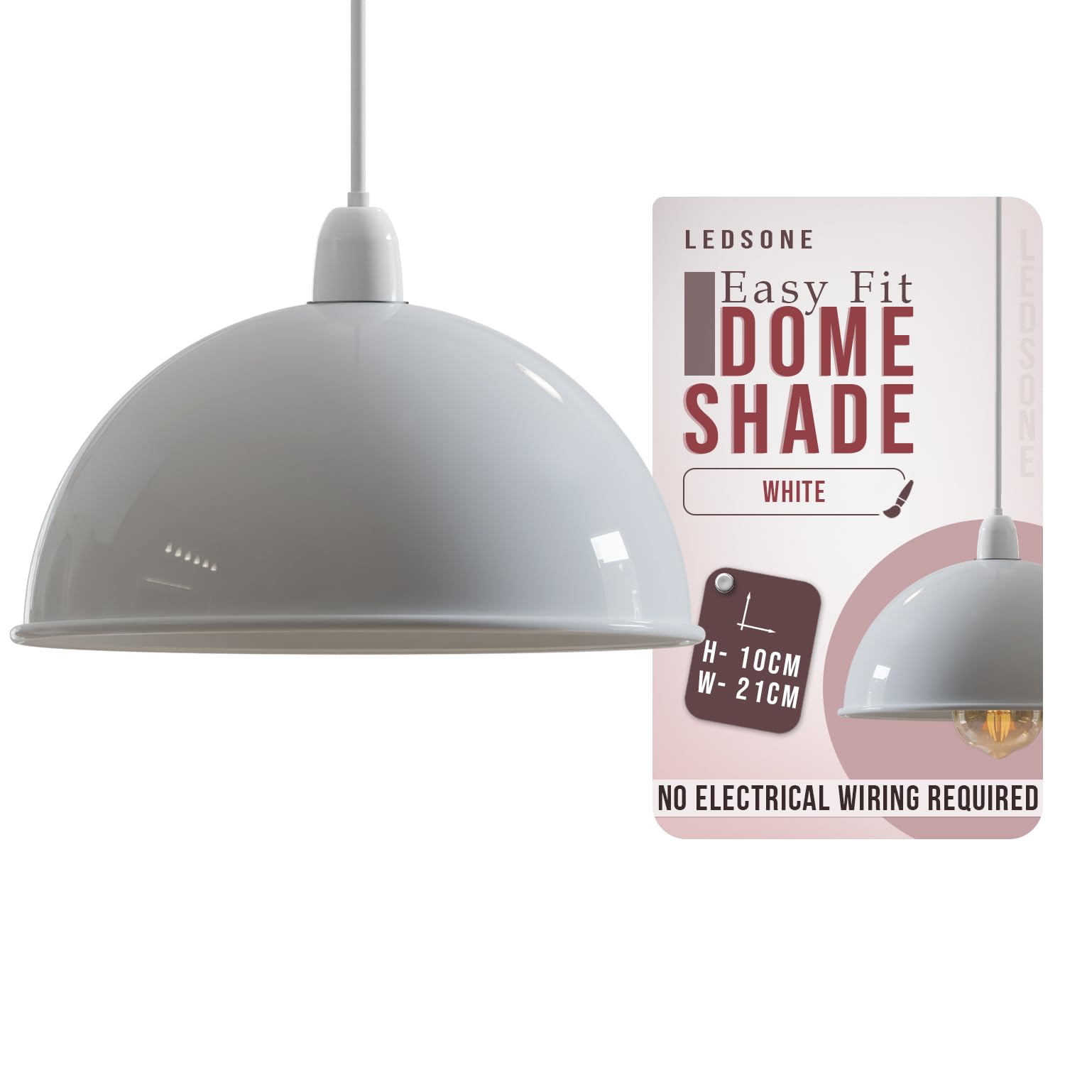 White Modern Dome Pendant Lamp Shade – 21cm Industrial Metal Ceiling Light Shade Easy Fit for Kitchen, Bedroom, Living Room, Dining Room, Hallway, Restaurant and Café