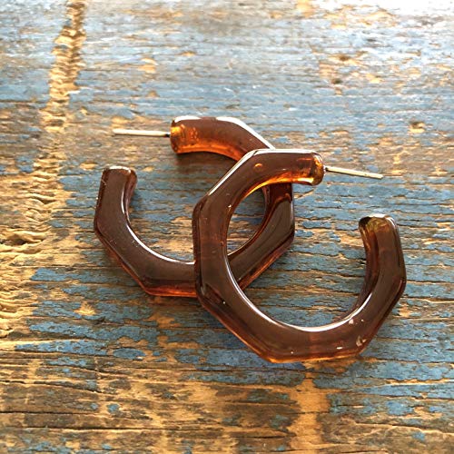 Tortoise Octagon Acrylic Kay Hoop Earrings | Marbled Geometric Lucite Hoops - KAY-BR-14