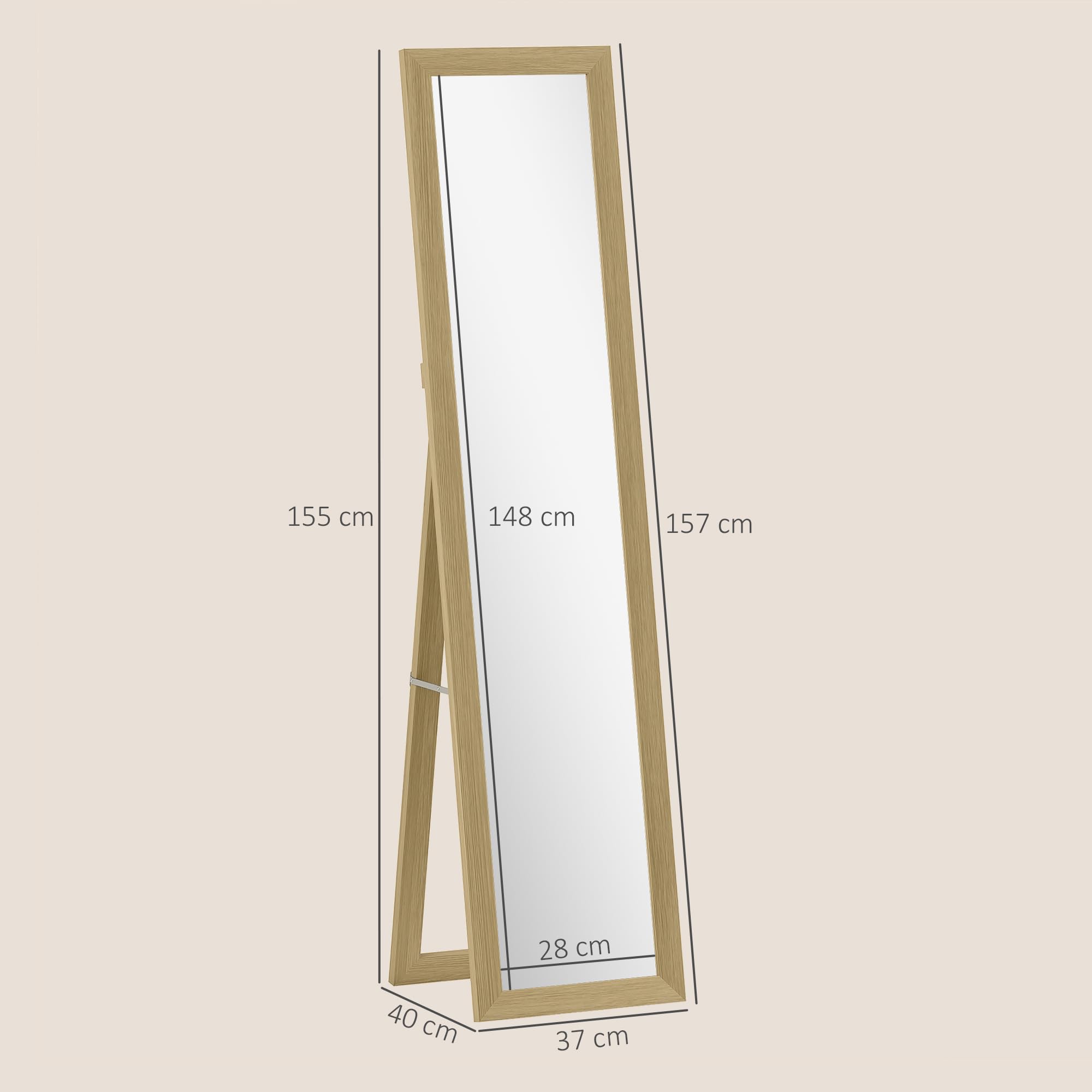 HOMCOM Miroir sur Pied Complet avec Support - Miroir Mural autoportant avec Aspect Bois - Miroir de Dressing - pour Chambre à Coucher, Couloir - Chêne - 37 x 157 cm