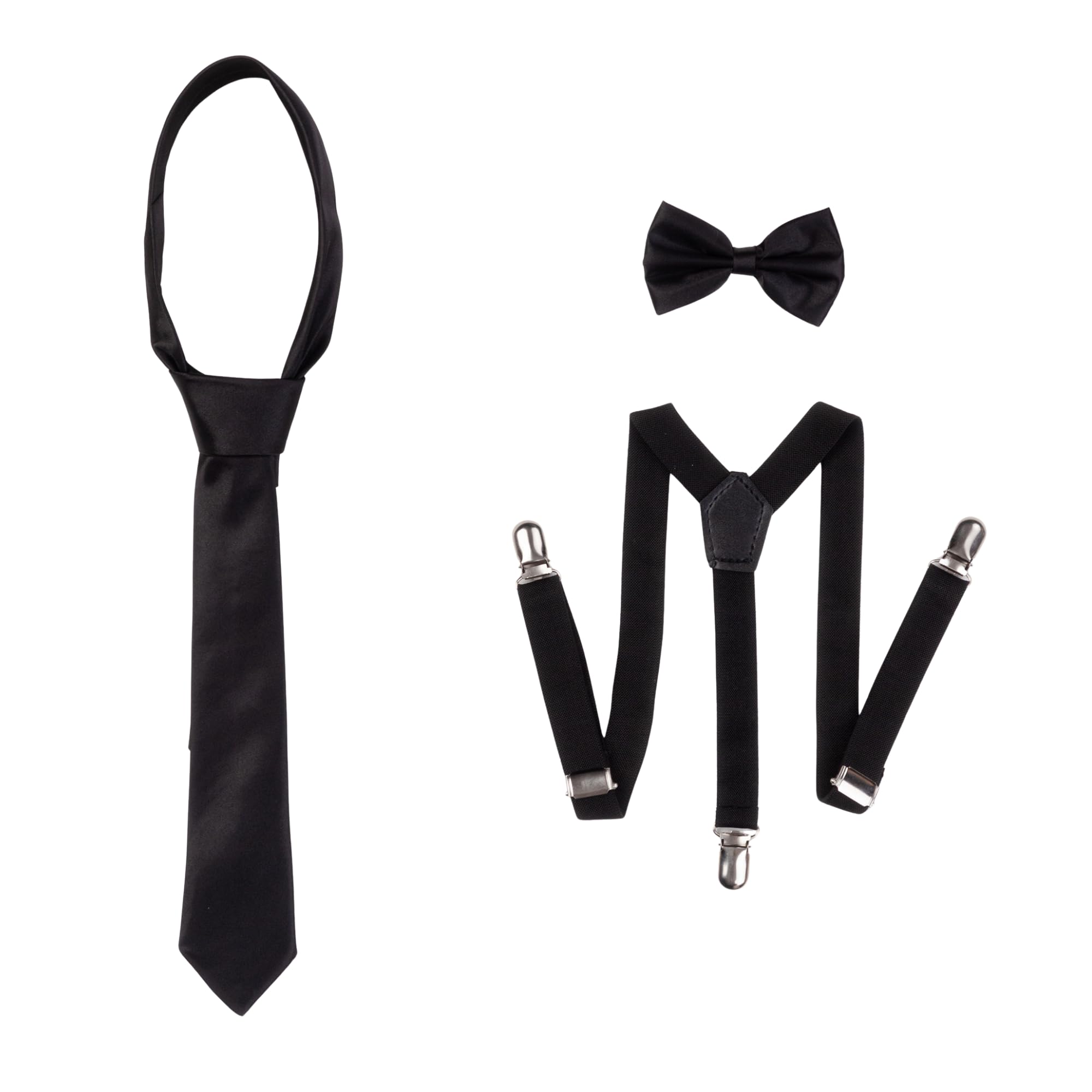 rise&Raba 3-Piece Kids Suspender, Bow Tie & Necktie Set | Adjustable Elastic Clip-On Braces, Bowtie & Tie for | Boys and Girls Ages 1–8 (Black, 1-8 Year)