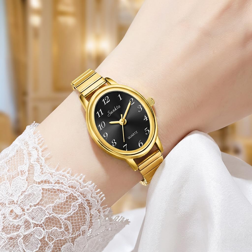 FANMIS Piccolo orologio da donna in oro facile da leggere, quadrante ovale analogico con cinturino di espansione in acciaio inossidabile, orologio da polso al quarzo da donna resistente all'acqua