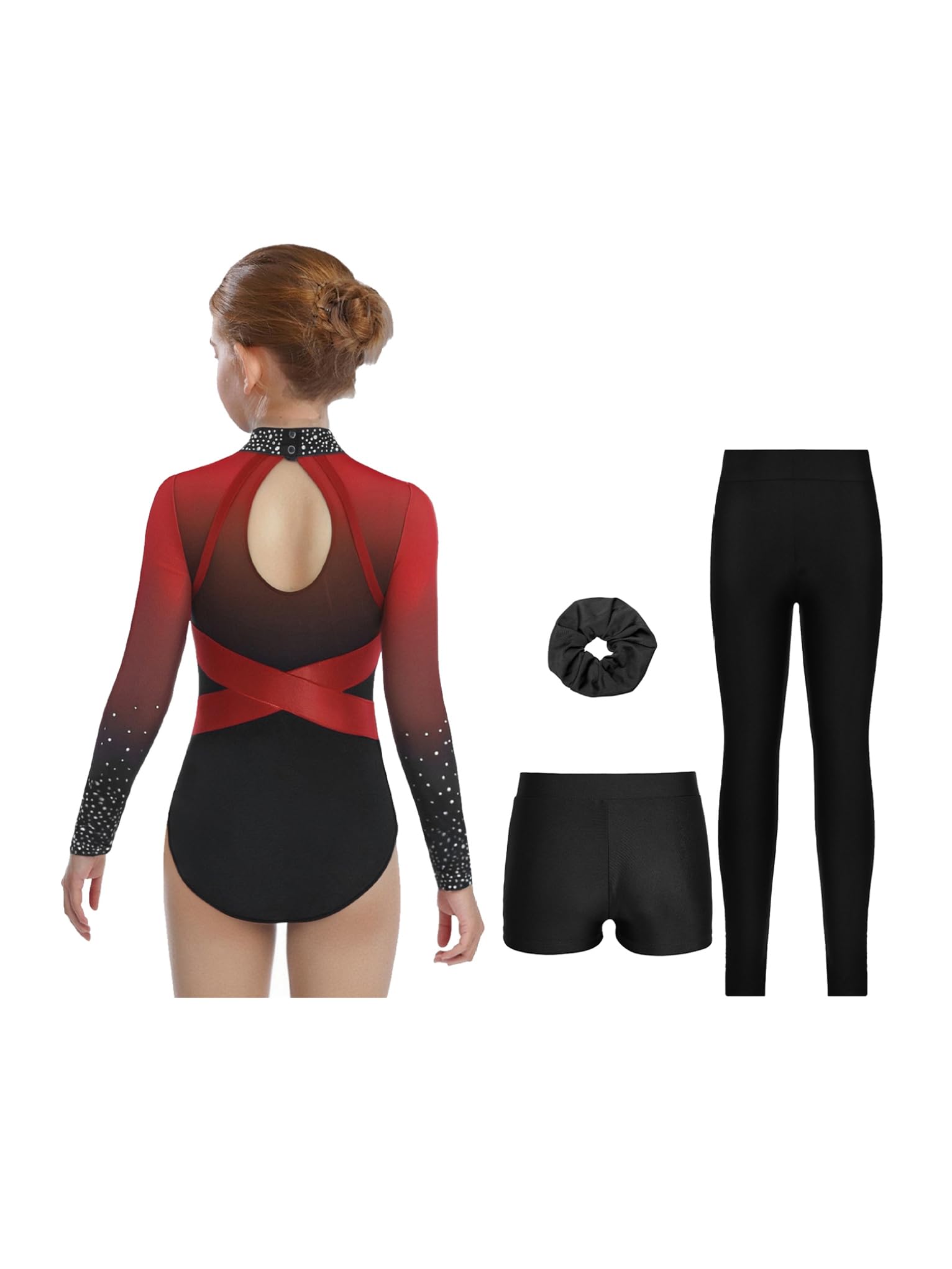 Mufeng 4 Stück Mädchen Turnanzug Glitzer Gymnastikanzug Langarm Gymnastik Leotard Tanzanzug Wettbewerb Tanzkostüm