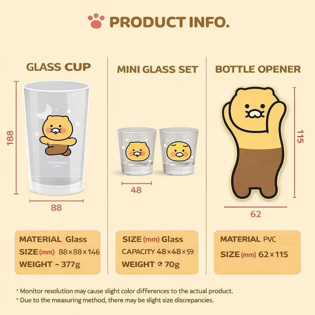 MYTEMS Kakao Choonsik Beer Glass and Soju Shot Glass Set with Bottle Opener, Cute Character Drinkware, 3-Piece Glass Cup Set 춘식이 소주잔 맥주잔 소맥잔 somaek somek somek