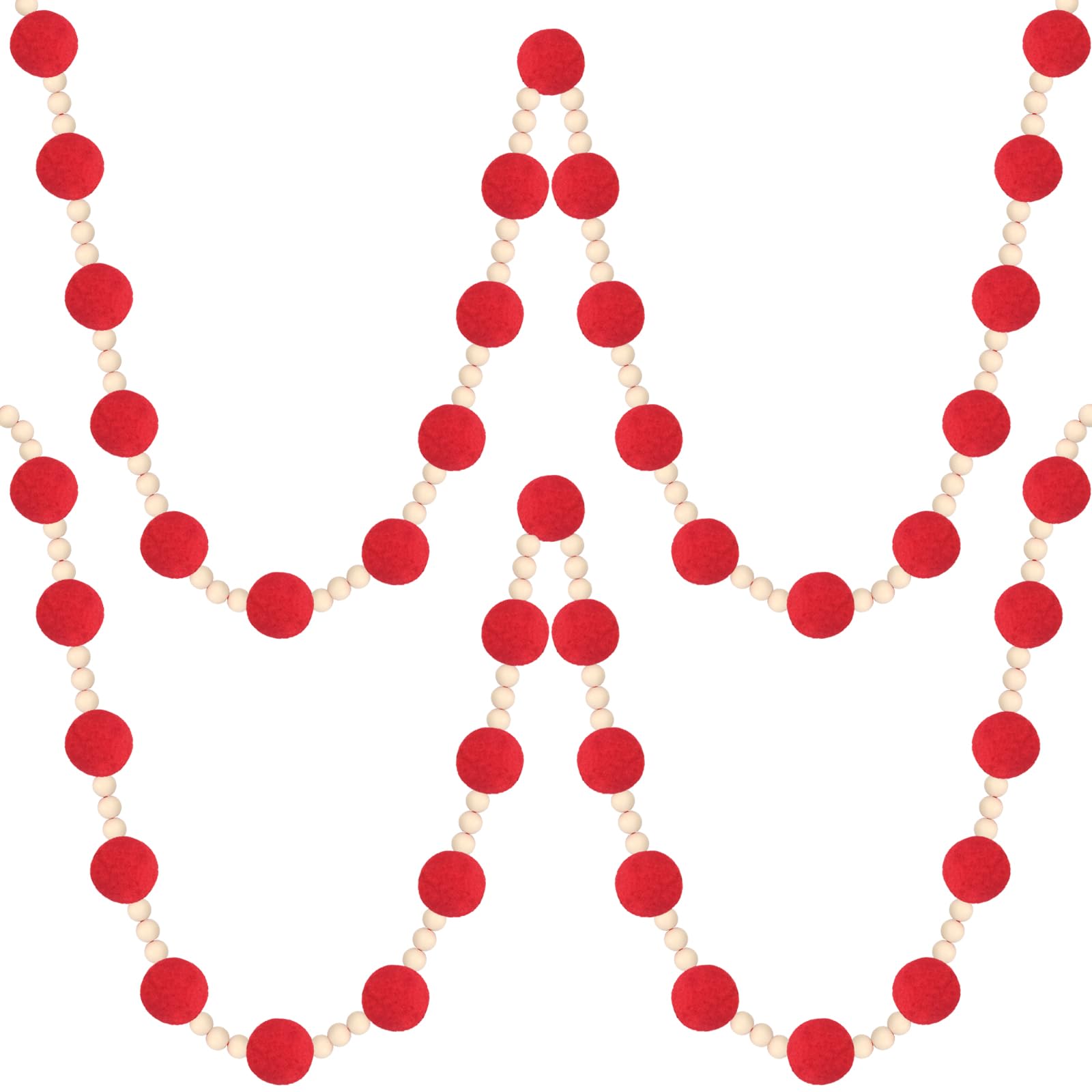 Barydat Guirnalda de bolas de fieltro rojo de 6 pies con cuentas de madera, guirnalda de pompones, guirnalda de fieltro, guirnalda de pompones, guirnalda de Navidad, decoración de árbol de Navidad