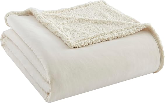 Thermee Micro Flannel Sherpa Blanket, Super Soft, Easy Care, Sand, Full/Queen