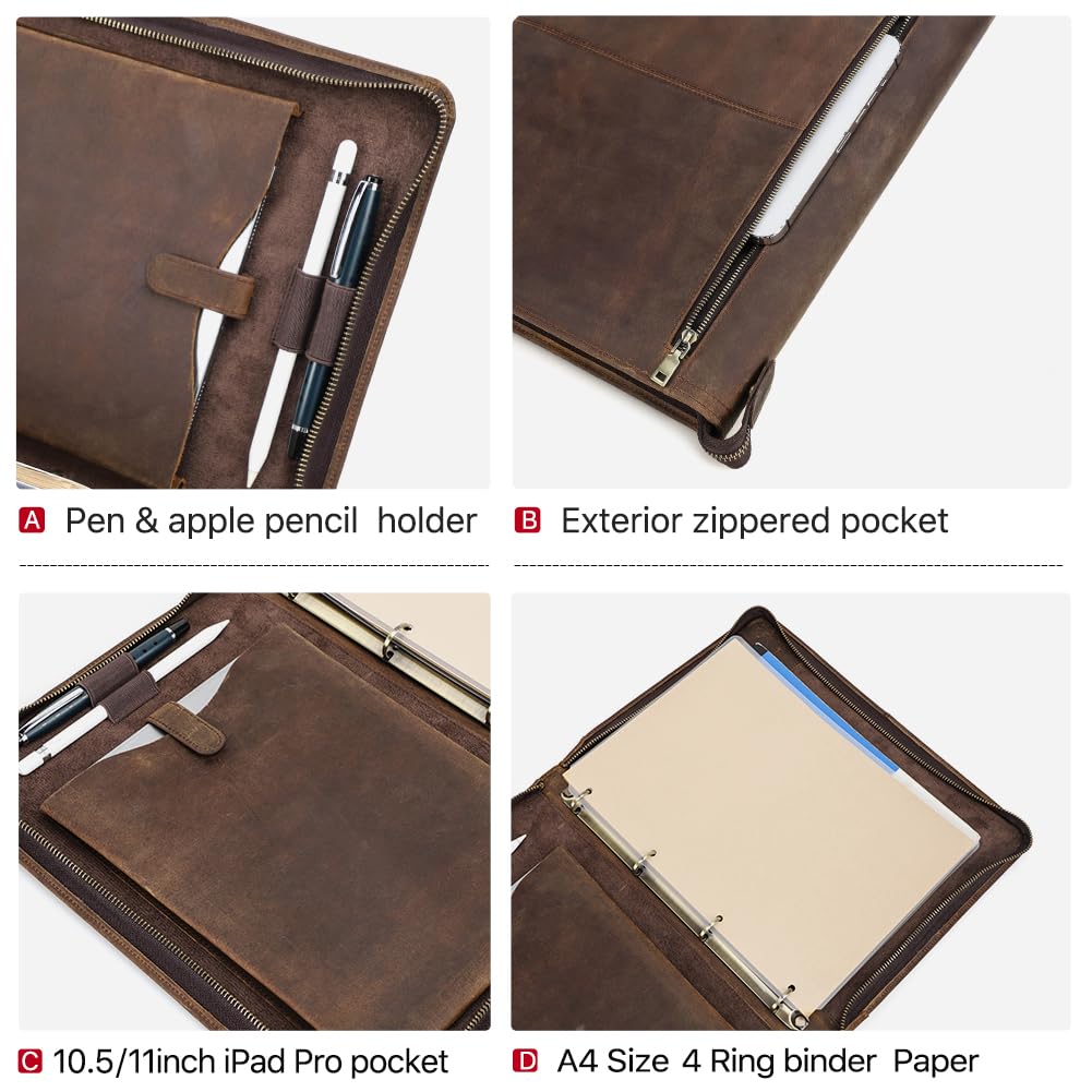 Hiram Cartella portadocumenti in pelle A4 con cerniera, multifunzione, con tasca per schizzi formato A4, tasca per tablet da 28 cm e raccoglitore a 4 anelli