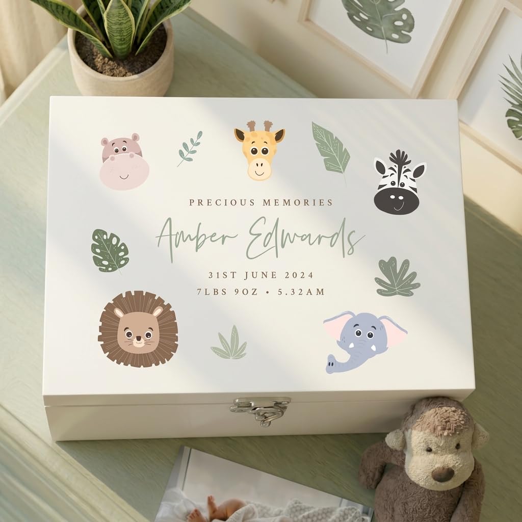 Caja de recuerdos personalizada de madera blanca con animales de la selva | Baby Shower, nuevo bebé | 27 x 19 x 14 cm