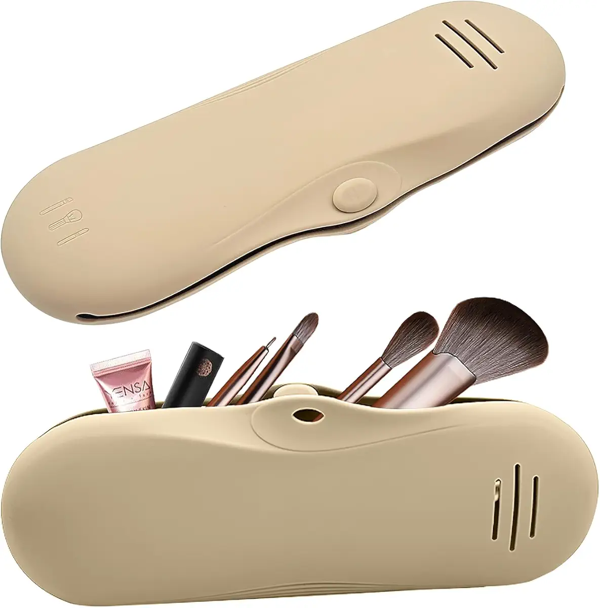 LESYAO Silicone Makeup Brush Case: Portable Makeup Brush Holder with Upgrade Anti-fallout Buttons, Large Makeup Brush Travel Case for Daily, Travel or Gift - Khaki