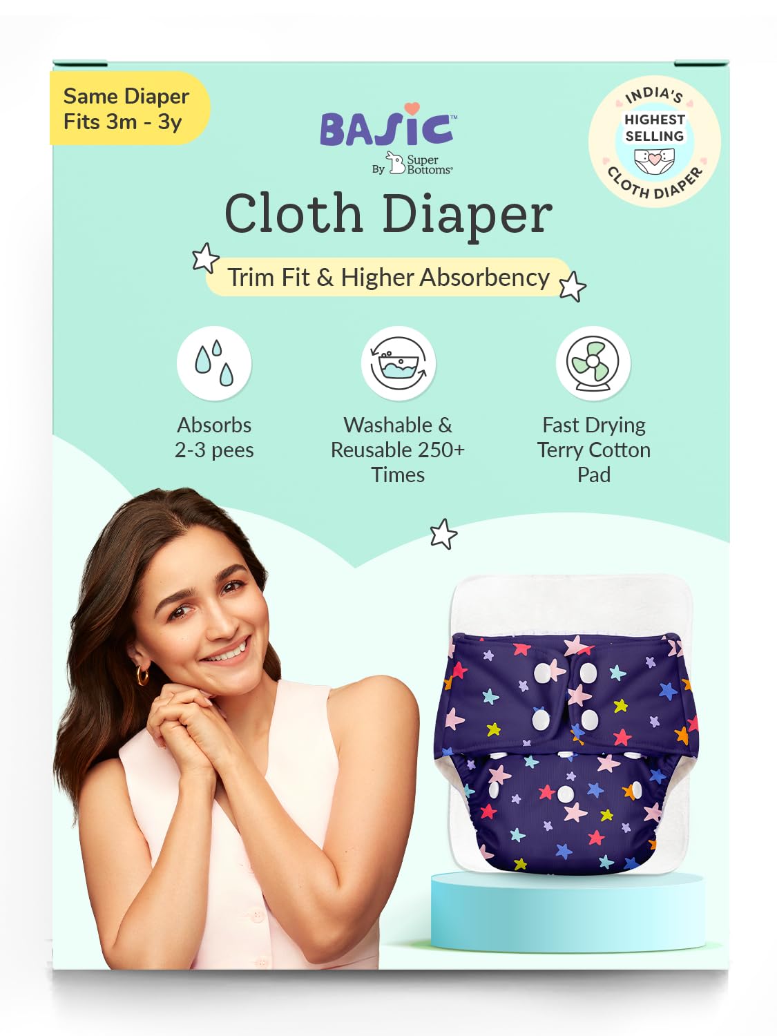 SuperBottoms BASIC EASY - Cloth Diapers+ Inserts - Freesize Adjustable and Reusable Cloth Diaper for babies 0-3 Years | With quick drying prefold style soaker-Assorted-image-23