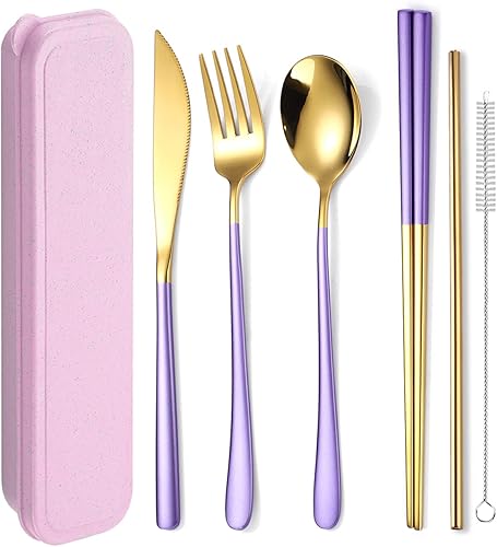 AARAINBOW Juego de cubiertos de acero inoxidable 188 de 6 piezas, portátil, reutilizable, juego de utensilios de viaje, incluye palillos, cuchillo,