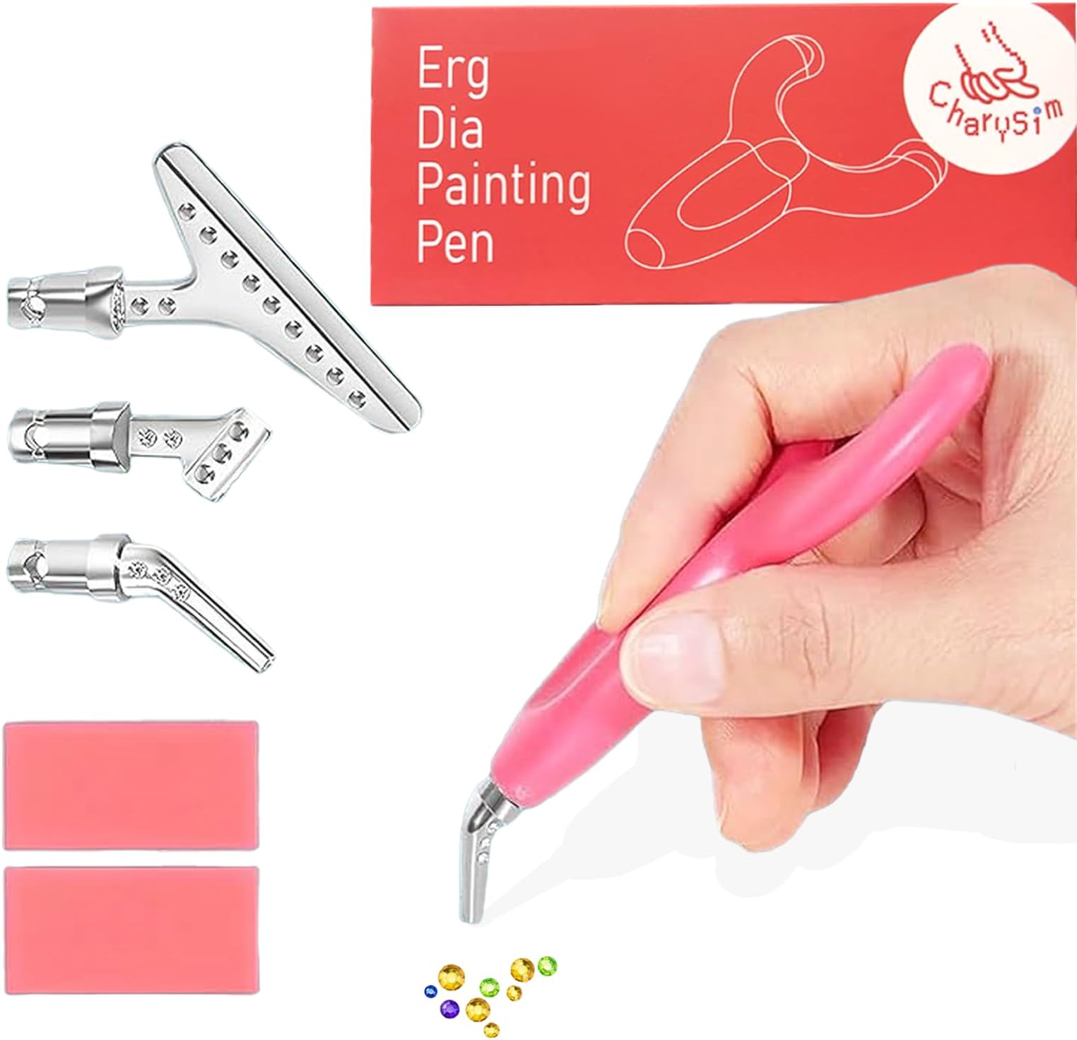 CharySim Ergonomic Diamond Art Pen Dimond Art Accessories with 3 Metal Pen Tips Craft Kit for Adults and Beginner Pink