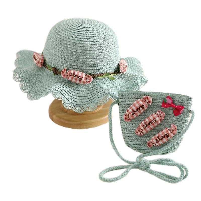 REYOK Sombrero de Paja y Bolso de Verano para Niña,Gorra de Sol Bolso Pequeño para Niñas,Mini Sombreros de Playa con Dulces Decoración,Suministros para Niños Viaje Piscinac al Aire Libre (Verde)