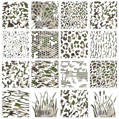 16 PCS Camo Stencils for Painting 10 * 10 in Large Drawing Stencils Camouflage for Spray Painting Crafts Reusable for DIY Wall Boat Wood Canvas Fabric Home Decor (16)