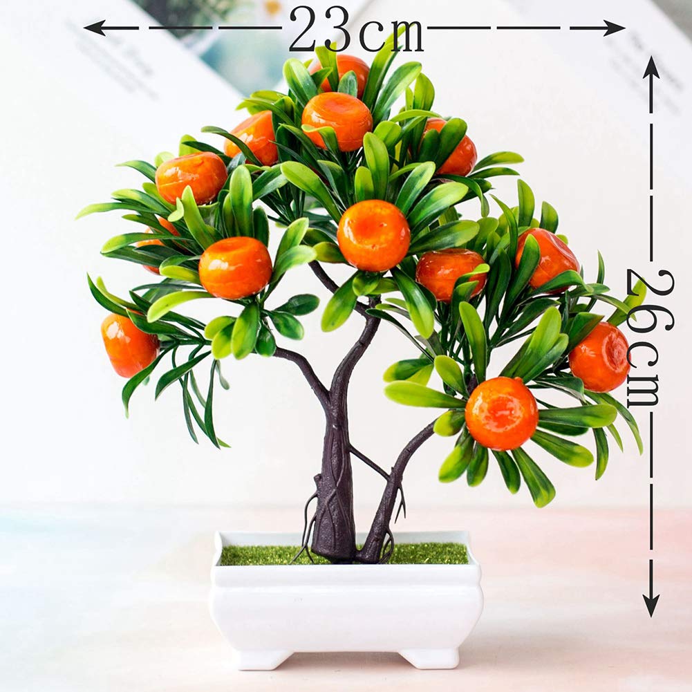 Gemini_mall Bonsai Artificiale In Vaso, Pianta Finta Fiori Verdi Arancioni, Decorazione Casa E Centrotavola - 15x25 Cm