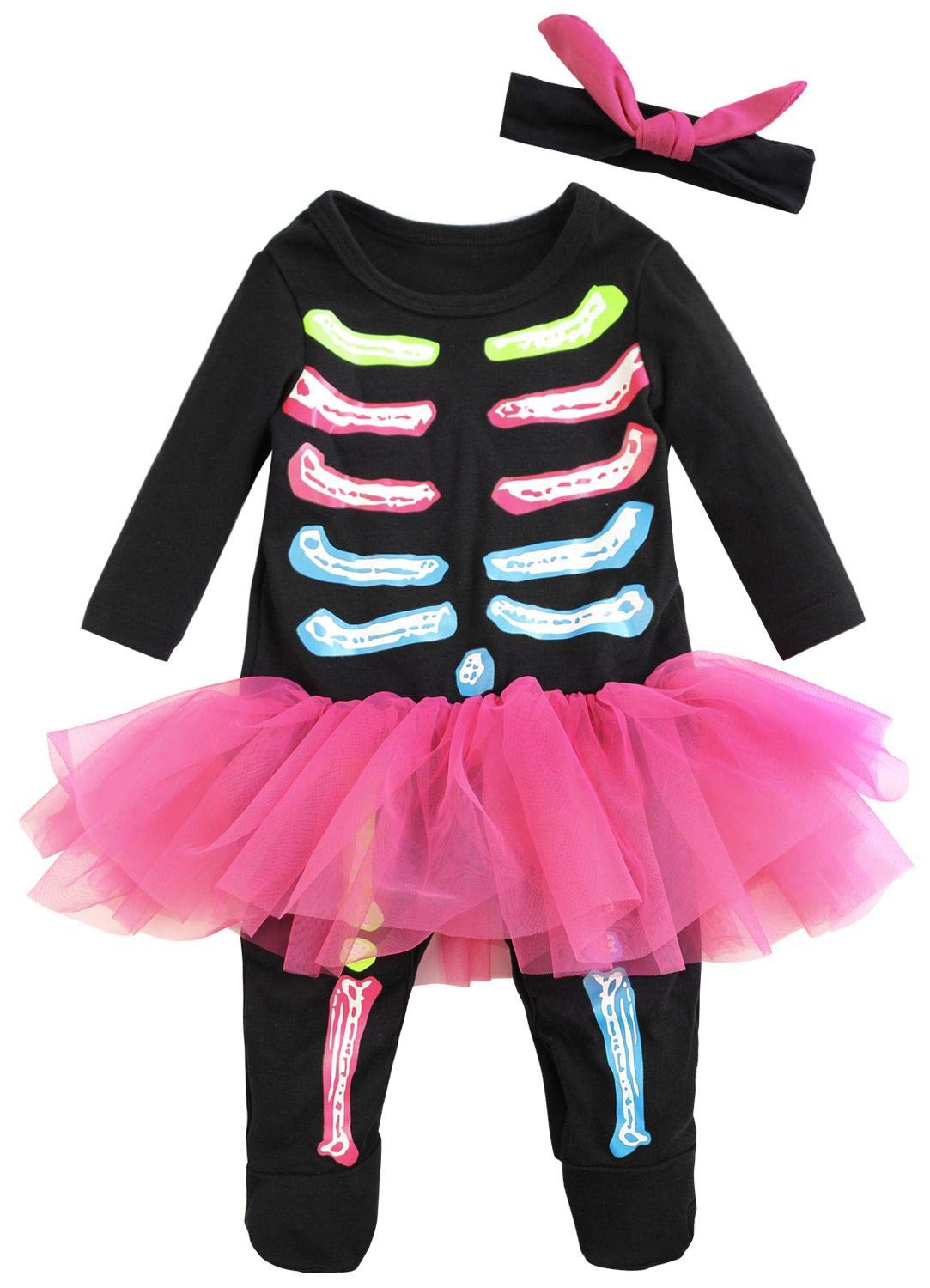 FANCYINN Infant Boys Girls Skeleton Costume Halloween Carnival Outfits & Bone Skull Romper Toddler Costumes Hat 2pcs