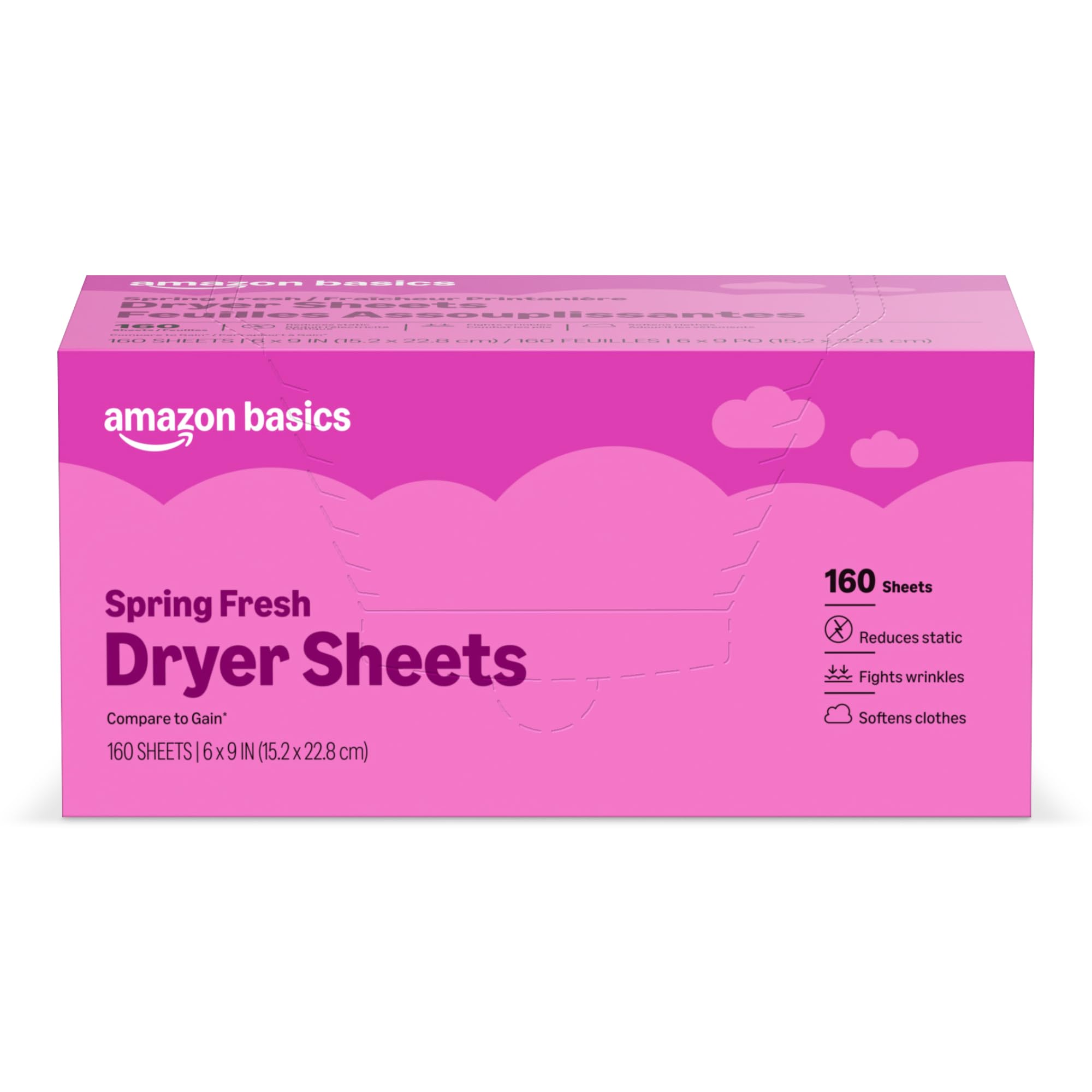 Amazon Basics Dryer Sheets Laundry Fabric Softener, Spring Fresh Scent, Reduces Static, Static Control, 160 Count