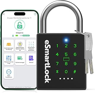 Eseesmart Smart Zahlenschloss Vorhängeschloss, Bluetooth Schloss mit Zahlencode RFID, Wetterfestes Groß Vorhängeschloss mit Schlüssel IP68 Outdoor Elektrisch Smart Lock für Tür Garten Keller Spind