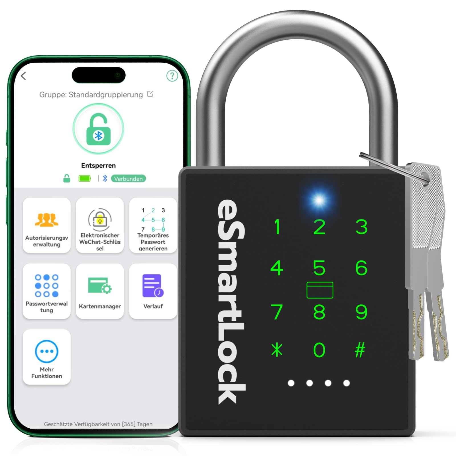 Eseesmart Smart Zahlenschloss Vorhängeschloss, Bluetooth Schloss mit Zahlencode RFID, Wetterfestes Groß Vorhängeschloss mit Schlüssel IP68 Outdoor Elektrisch Smart Lock für Tür Garten Keller Spind