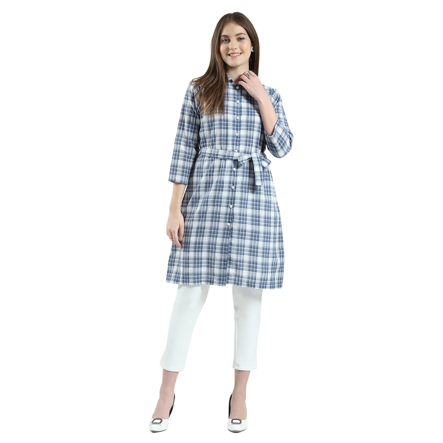 monte carlo Women's Regular Fit Tunic | 3/4 Sleeves | Collared Neck | Check Pattern | Knee Length | Comfortable & Stylish Casual Wear for Women's-picture-10