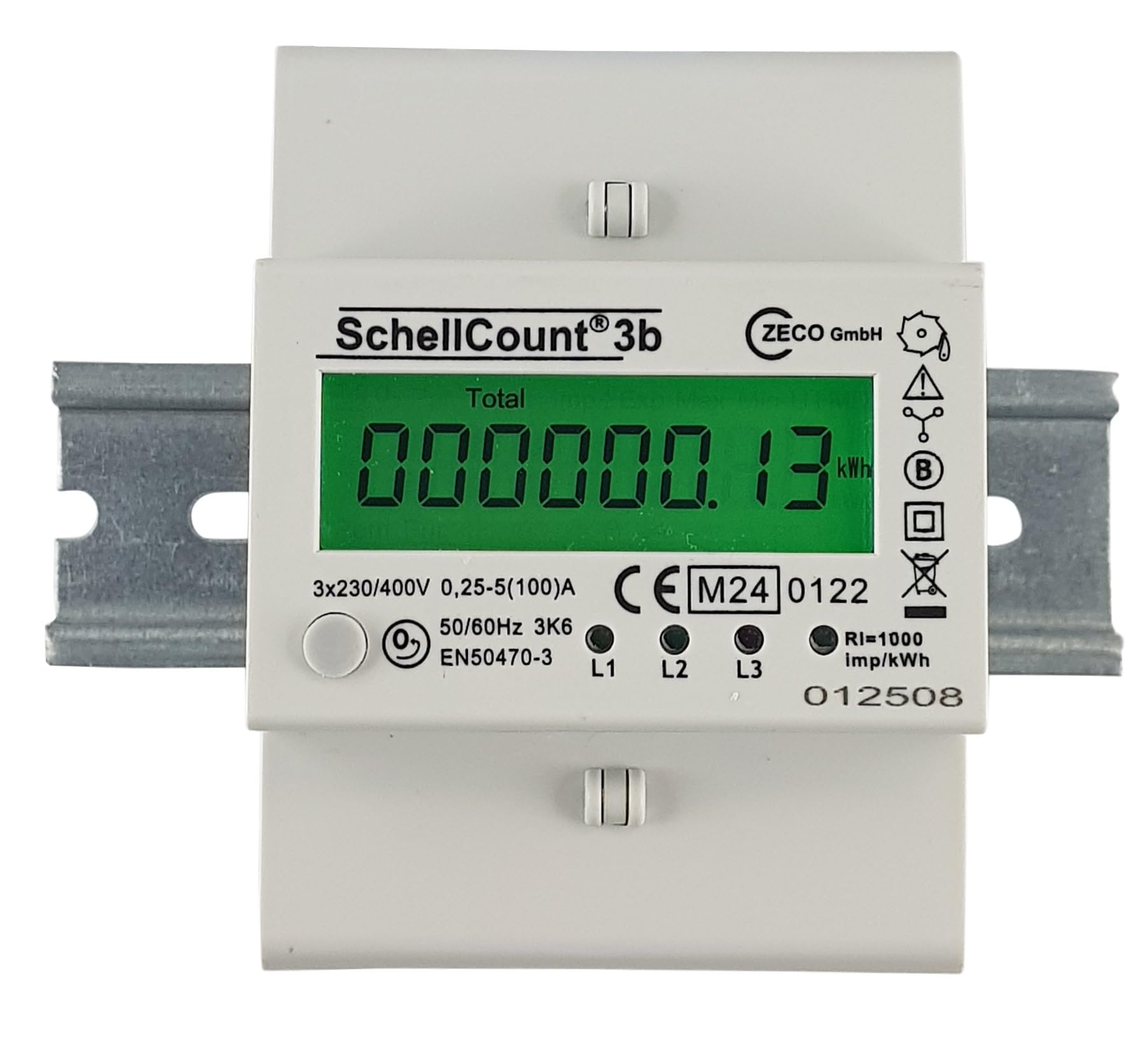 Stromzähler für Hutschiene mit Tageszählwerk (rückstellbar) und Lastanzeige, Drehstromzähler 100A, 3,9TE, S0, digital LCD beleuchtet, (Grün)