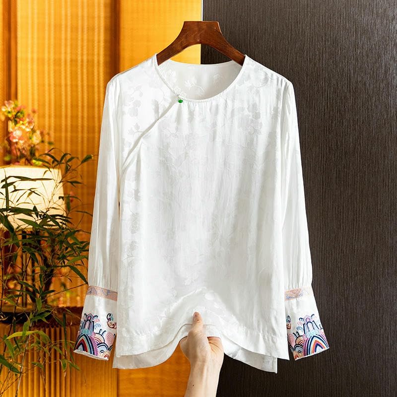 Women's Silk Embroidered Jacquard Asymmetrical Hem Blouse Summer Commute Versatile Top