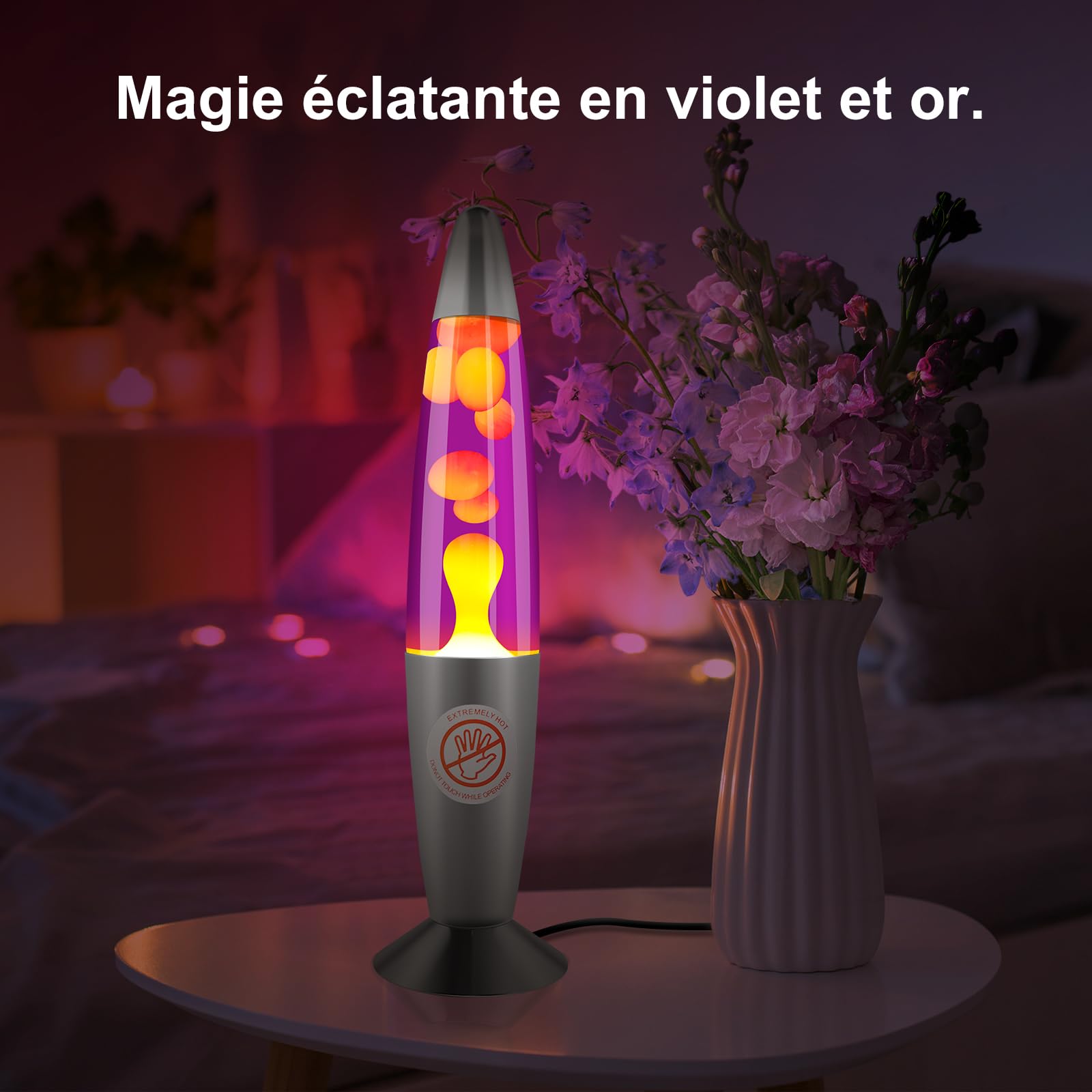 Lampe à lave rétro 34 cm violette et jaune – Lampe décorative en aluminium – 2 ampoules R39 25W E14 – Idéale pour chambre, salon et comme cadeau