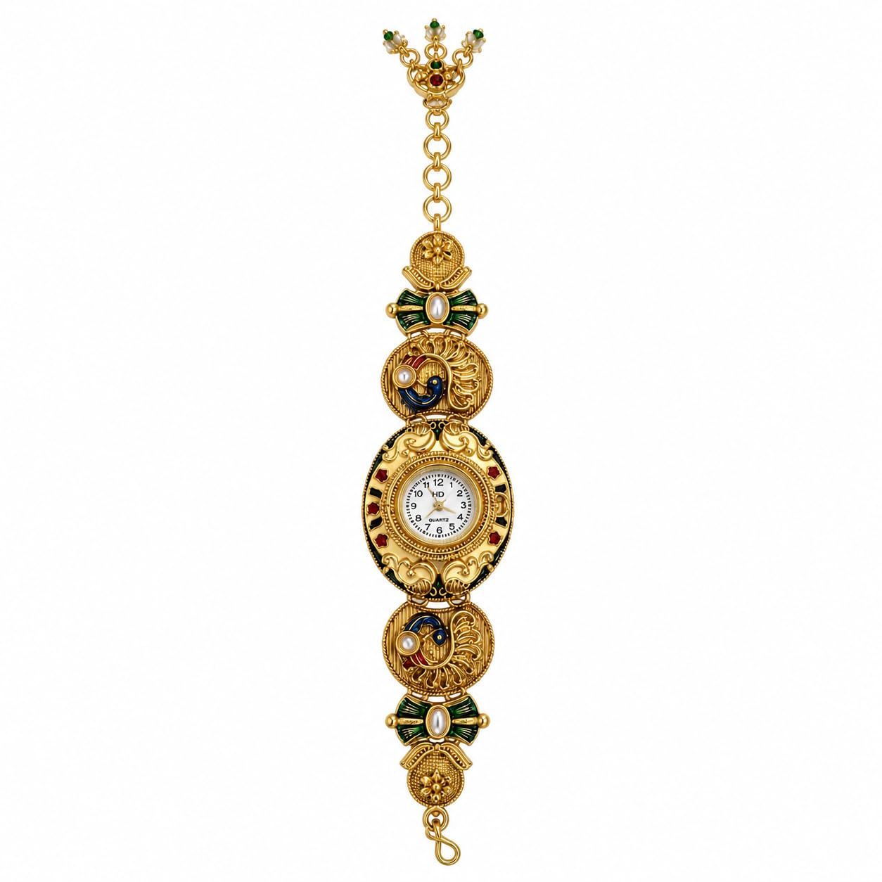 GC PREMIUM JEWELLERY Gold Plated Antique Floral for Women | Traditional Kundan Style with Green & Red Artificial Stones | Ghunghru Charm Designer Bracelet Watch | Non-Adjustable Ethnic Fashion Jewellery (only green)