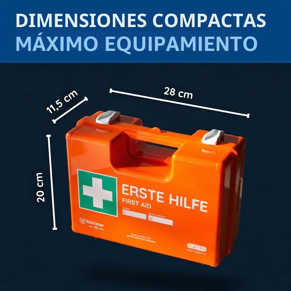 Maletín de primeros auxilios para operaciones con contenido según DIN 13157 en naranja, botiquín relleno y con soporte de pared