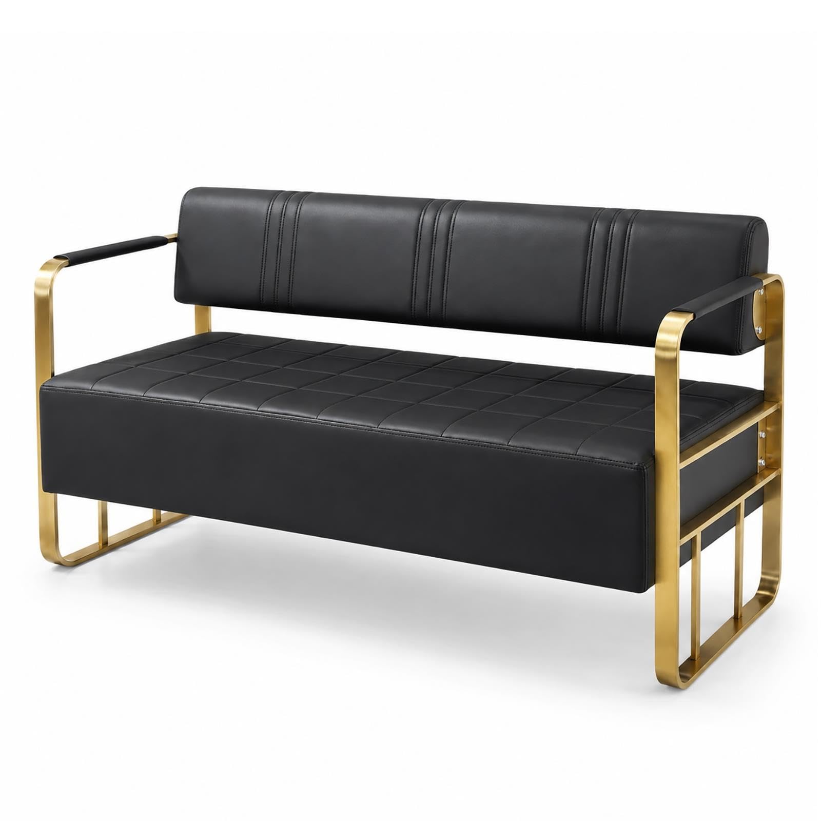 Ławka do Poczekalni z Ekoskóry PU, Sofa Recepcyjna ze Złotą Metalową Ramą