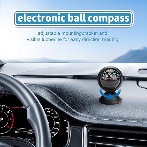 Car Compass, Vehicle Compass, Dash Mount Adjustable Compass Ball with Bottom Stick, Universal Car Accessories Navigation Hiking Direction Pointing Guide Ball Fit for SUV, Truck, RV