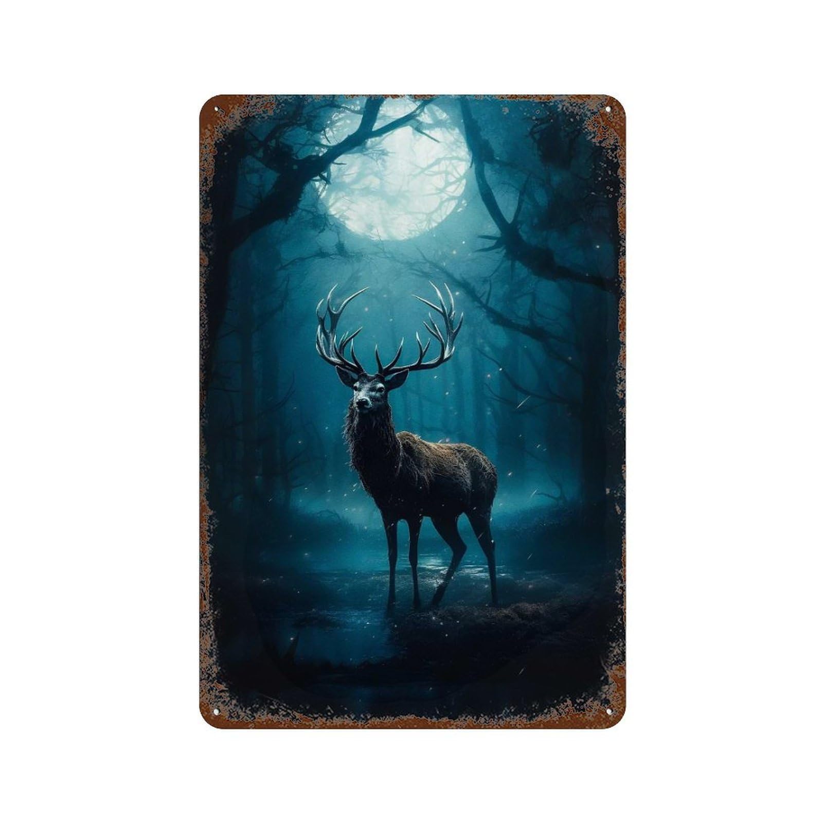 Deer in Moonlight 11.8"x7.9" Vintage Rust Metal Sign, Novelty Wall Decor for Living Room, Hallway And Home Decor